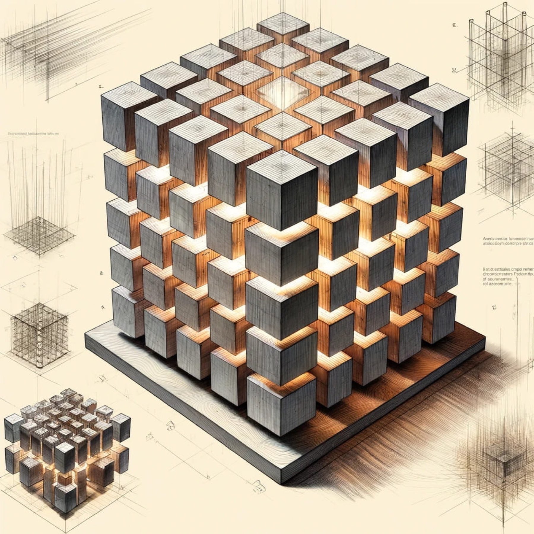 Concept sketch of Evolving Spectrum showing the cube in its expanded state, light radiating between separated blocks