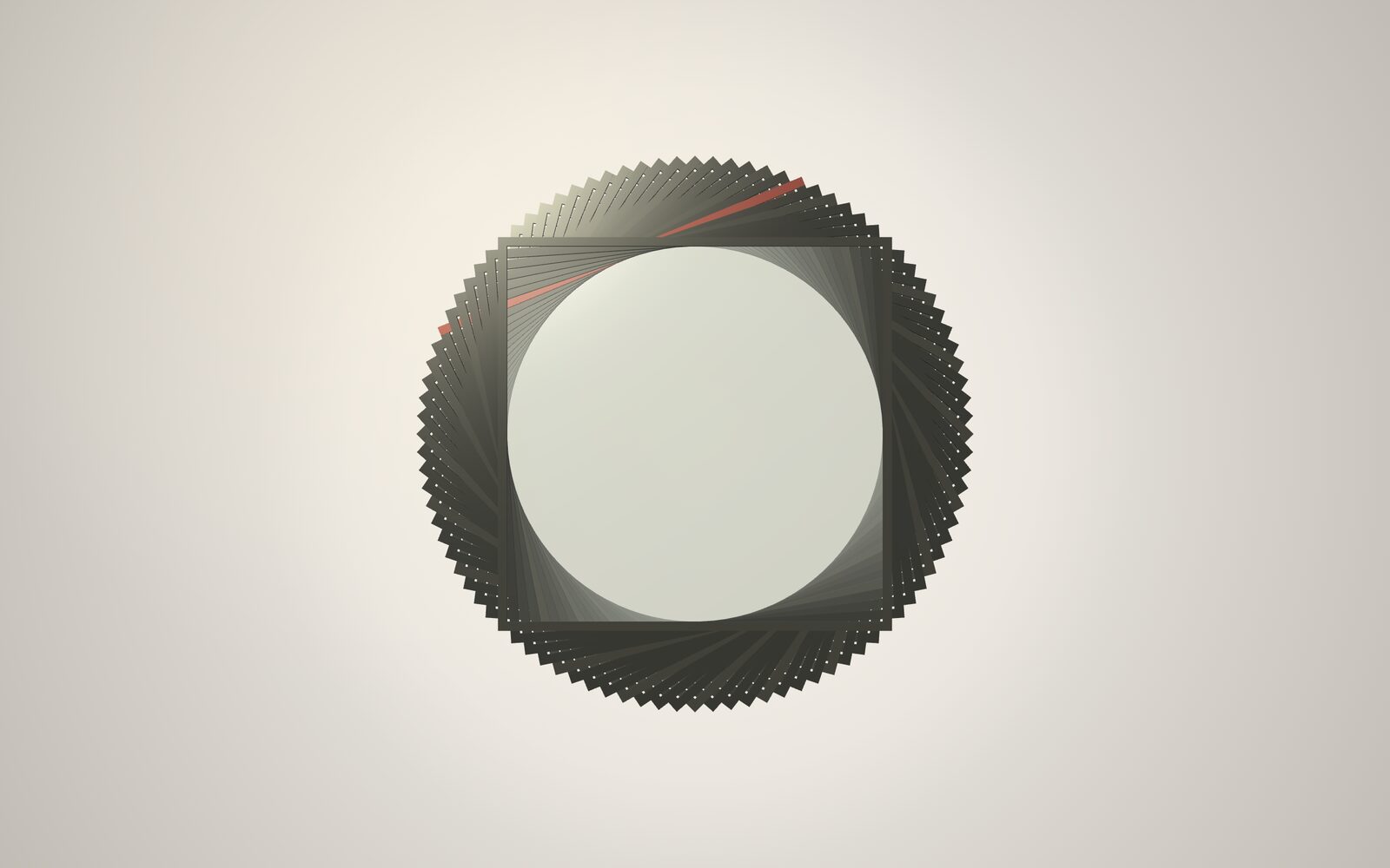 APERTURE - a stack of dark square frames seen from the front, enclosing a round window of pale glass with one red rail