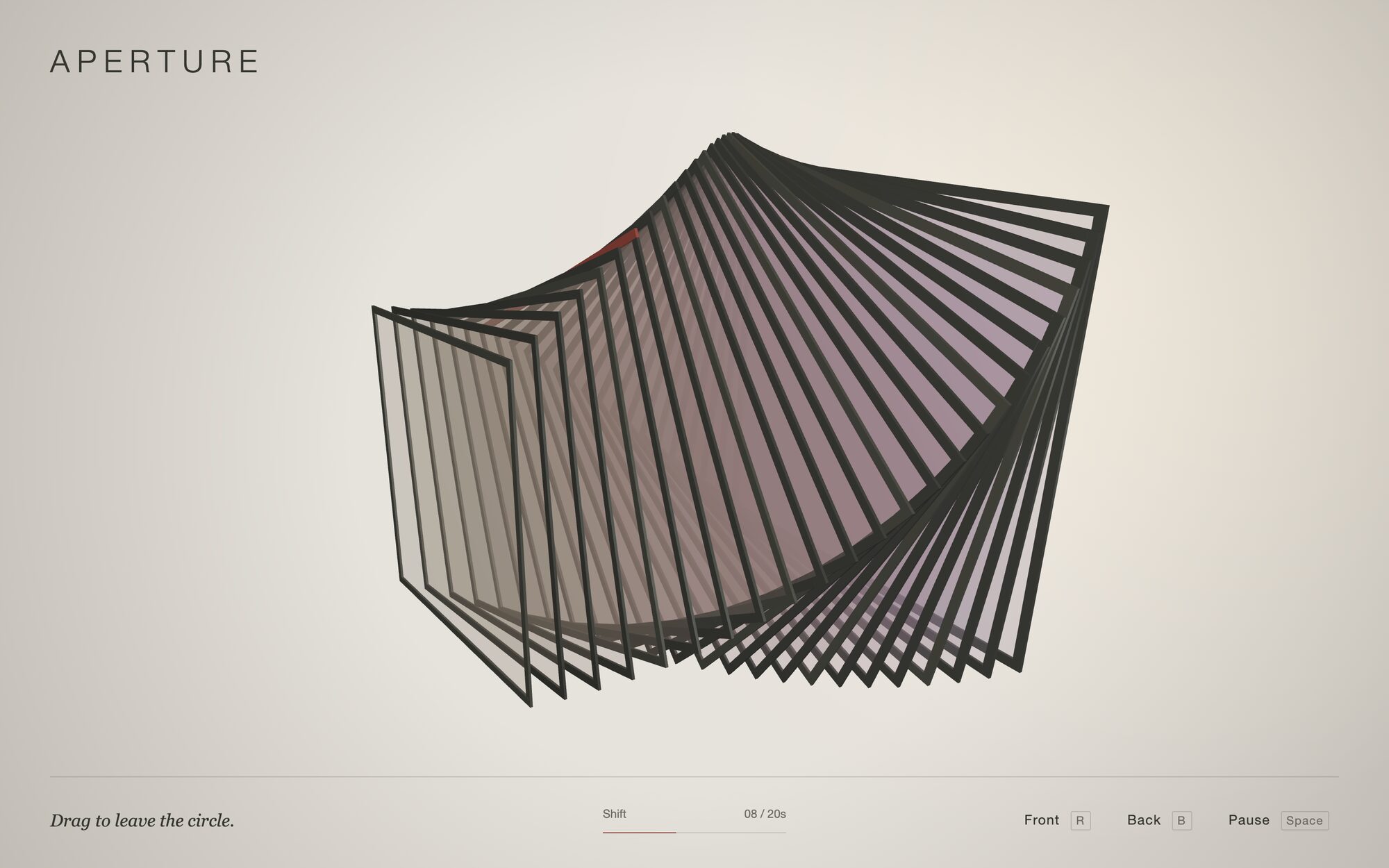 APERTURE from the side, unfolded: the frames spread into a deep twisted fan with faint glass between them