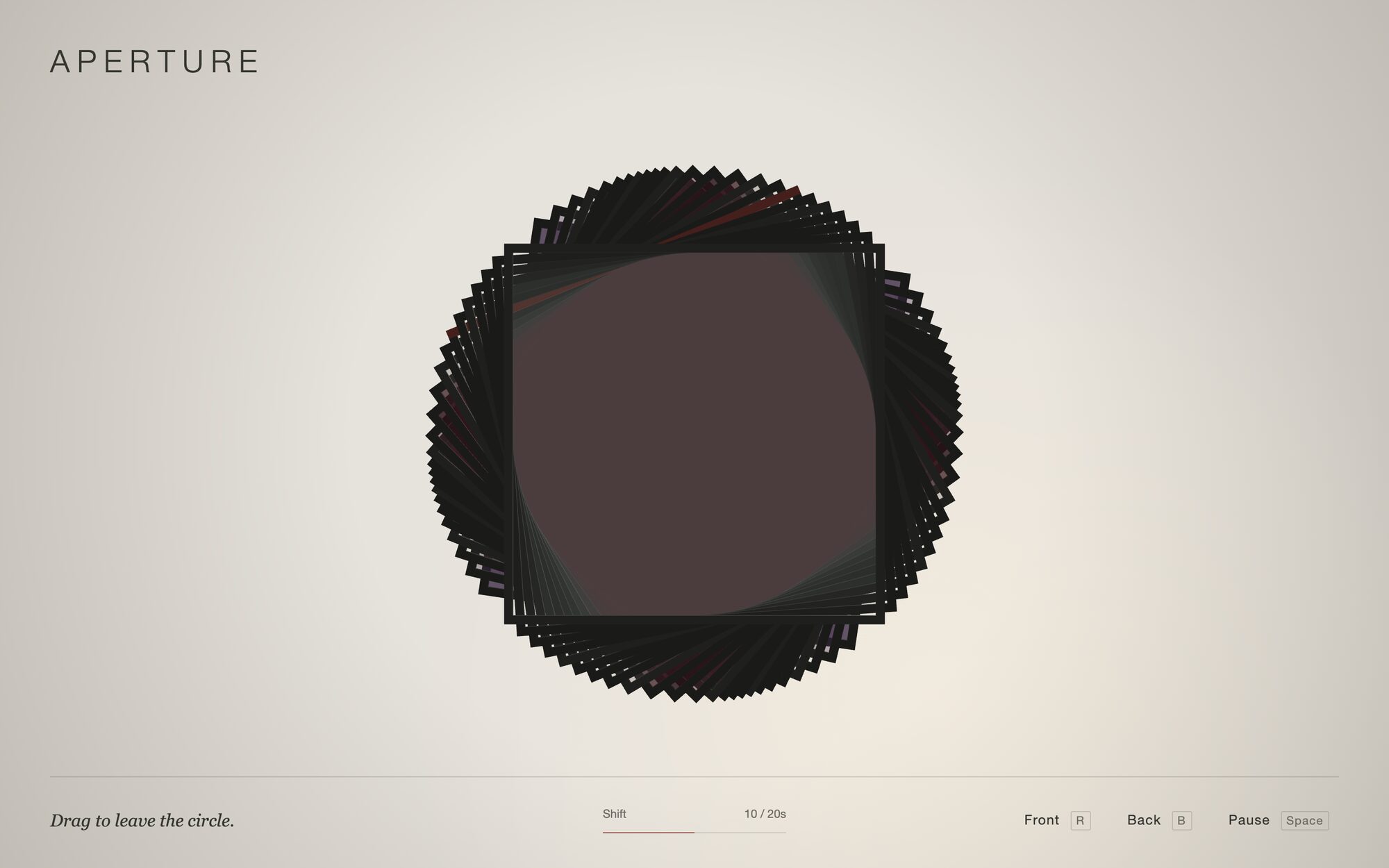 APERTURE from the front, closed: the round window has turned a deep mauve grey and the halo on the wall has gone out