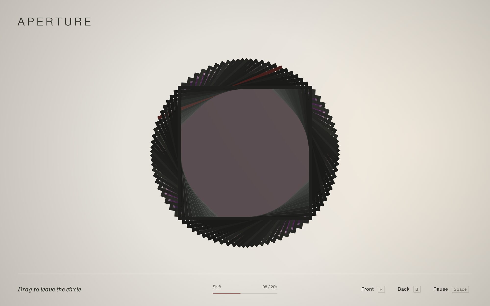 APERTURE from the front as the shift begins: the glass deep in the stack starts to darken