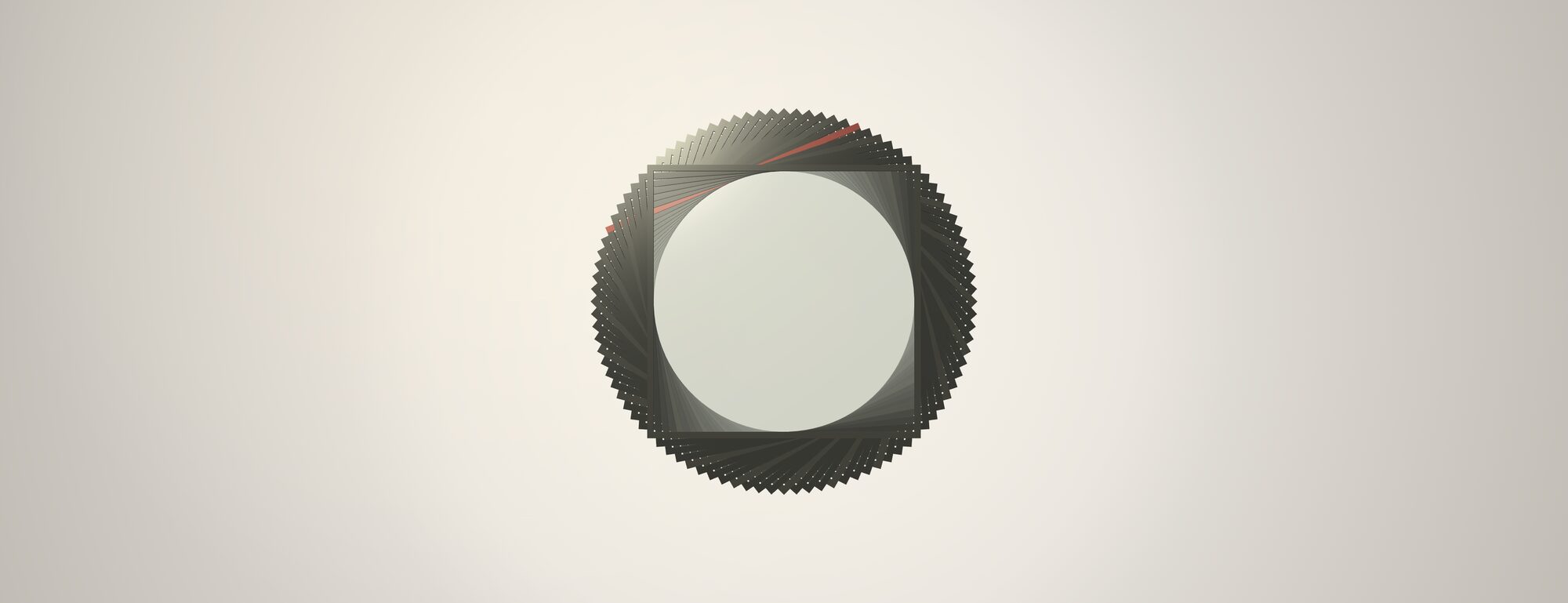 APERTURE from the front: a stack of dark square frames enclosing a round window of pale glass, one rail painted red, a soft halo on the wall behind