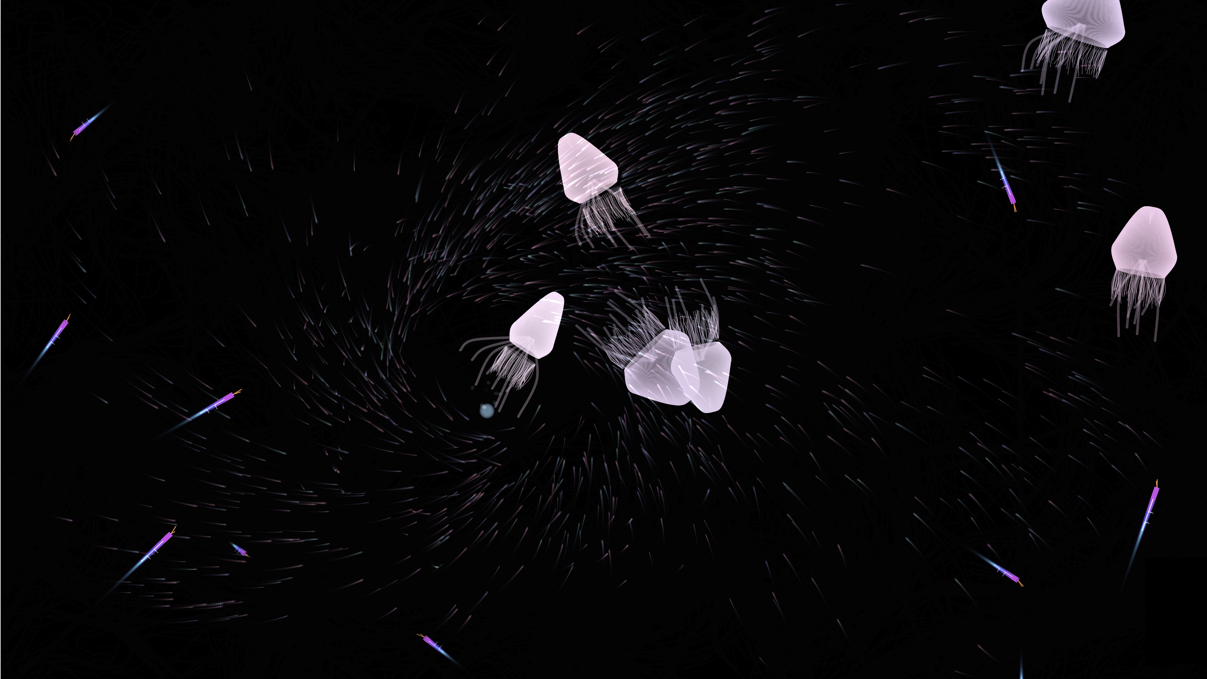 Aquatic Resonate - luminous jellyfish and particles in a digital ocean