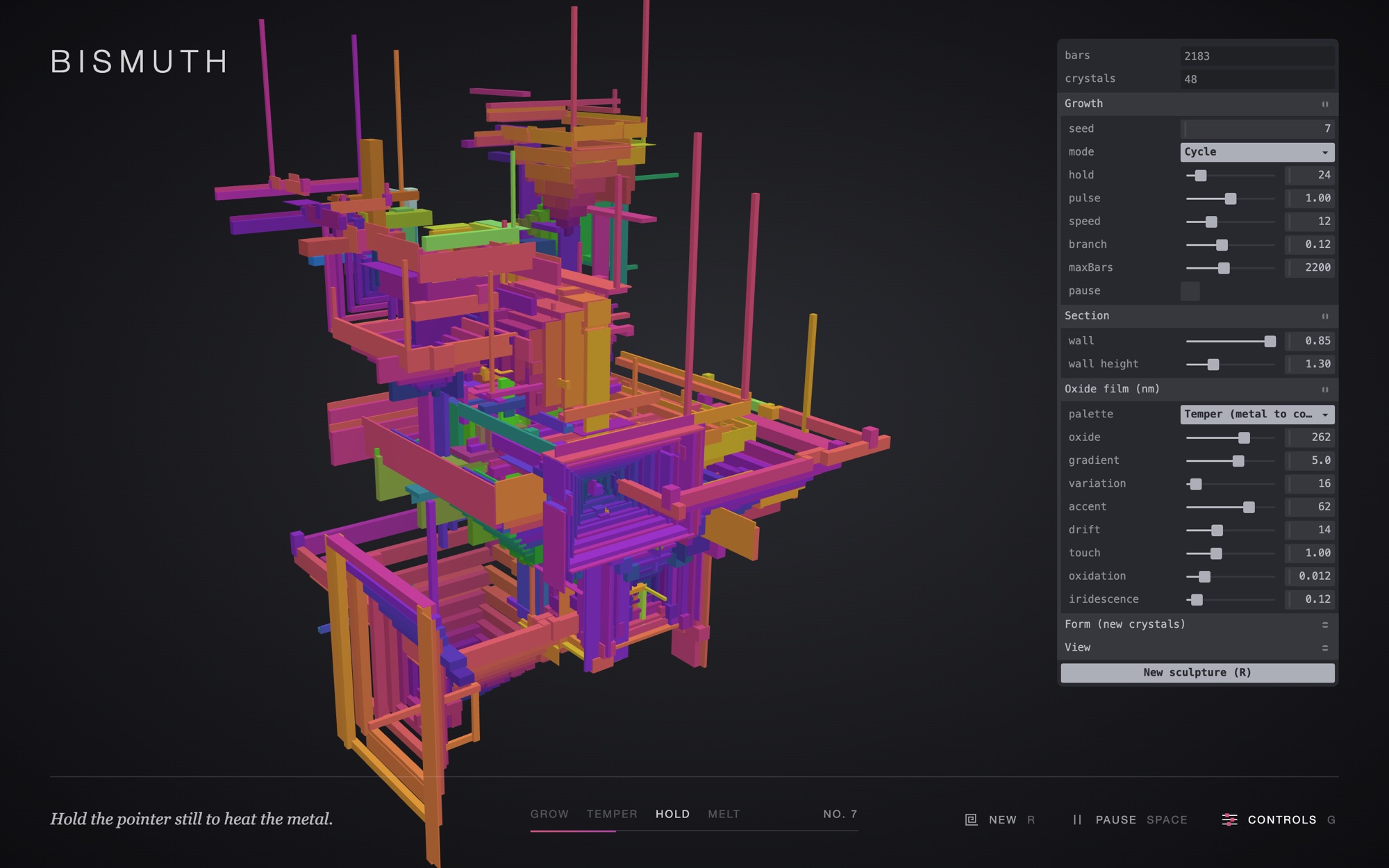 BISMUTH with the control panel open and the sections thickened into solid stepped funnels