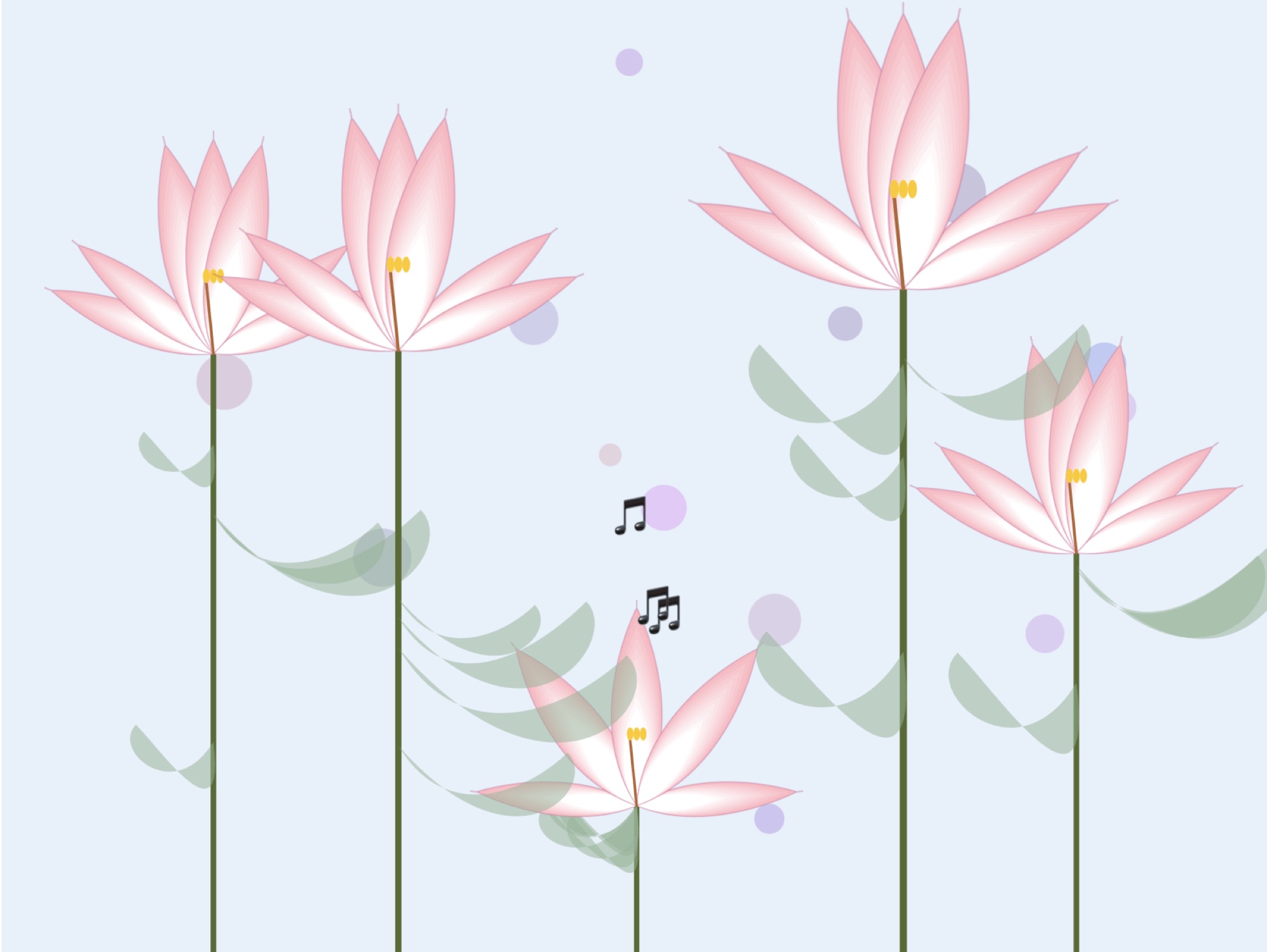 Lilies mid-bloom while music-note motifs drift across the canvas