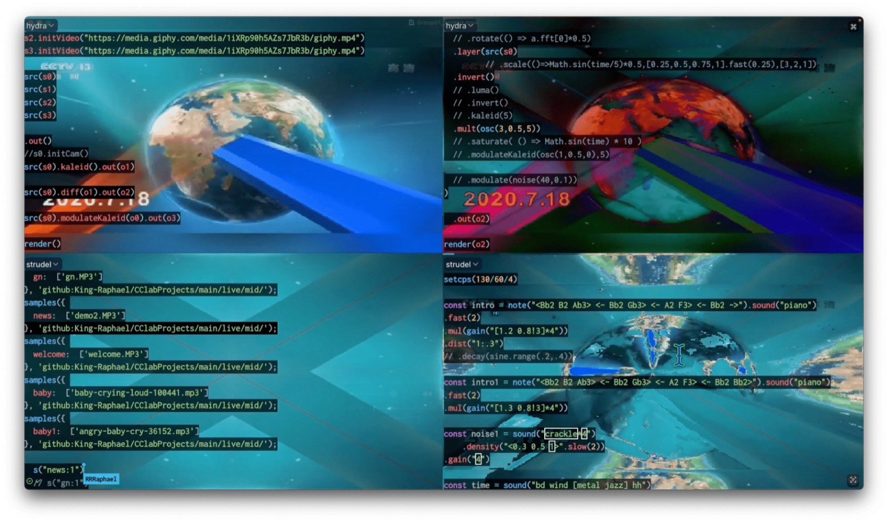 Four-panel live coding view: the spinning globe of the Xinwen Lianbo opening sequence processed through Hydra, flanked by Strudel sample code