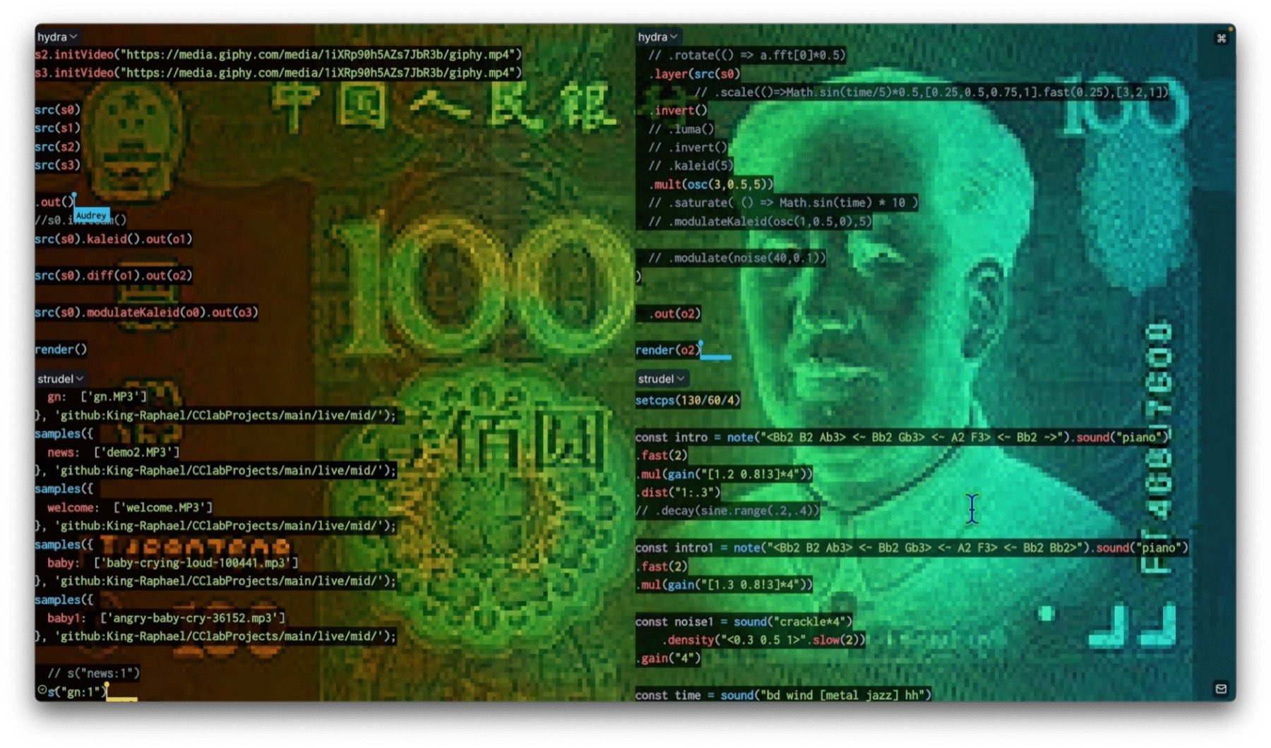 A 100-yuan banknote tinted green and gold, layered under Hydra and Strudel code panels