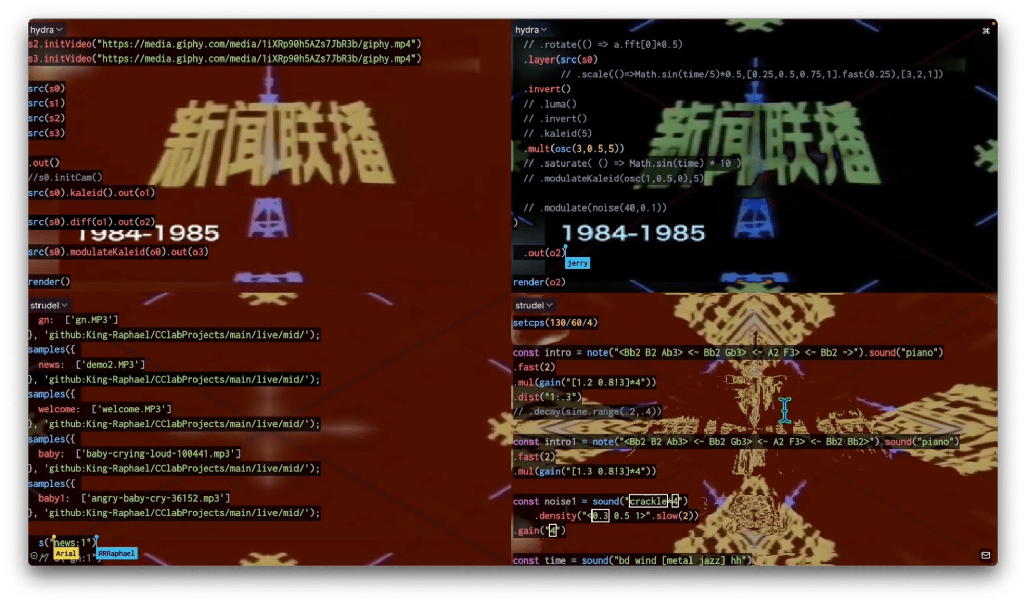 News & Amusement - the Xinwen Lianbo title card from the 1984-1985 era, glitched and kaleidoscoped through Hydra alongside live Strudel code