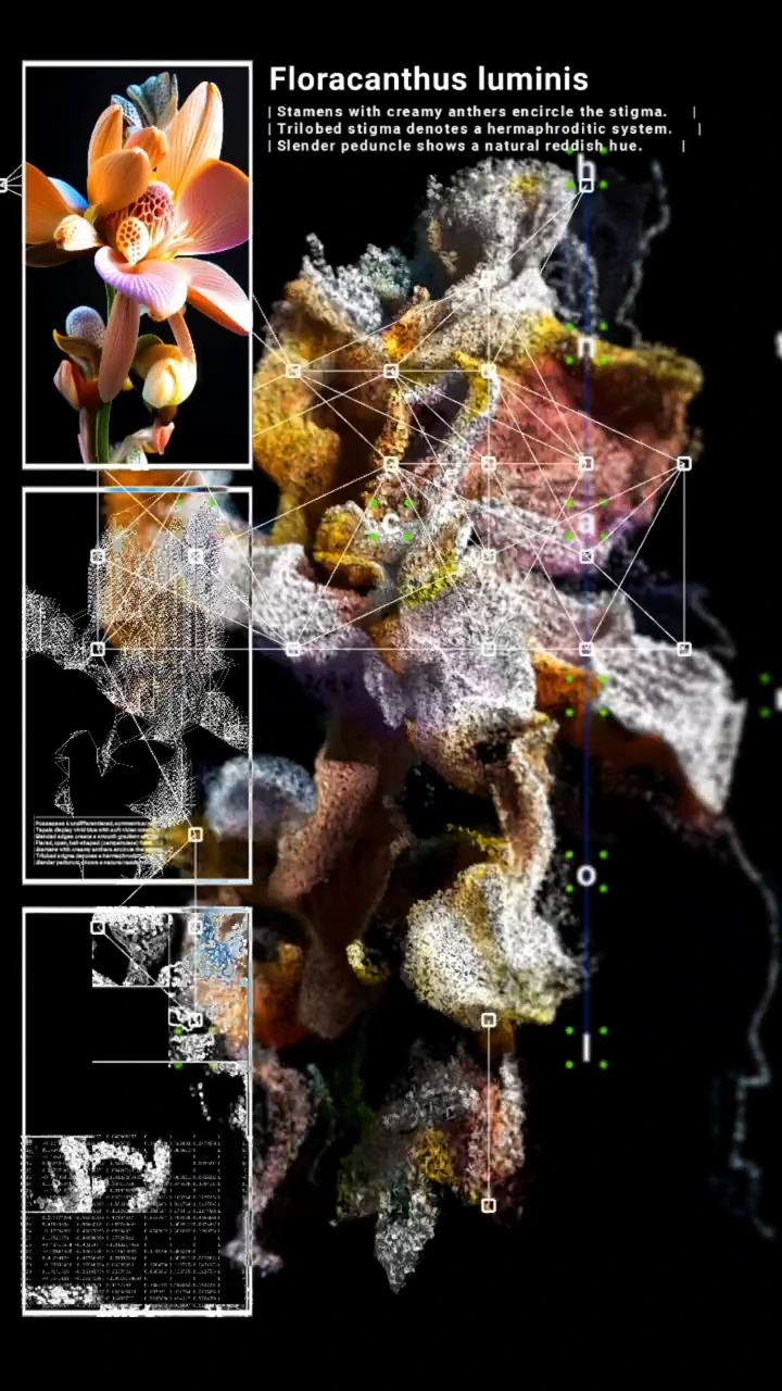 Flower video still with a botanical image beside curled point-cloud petals