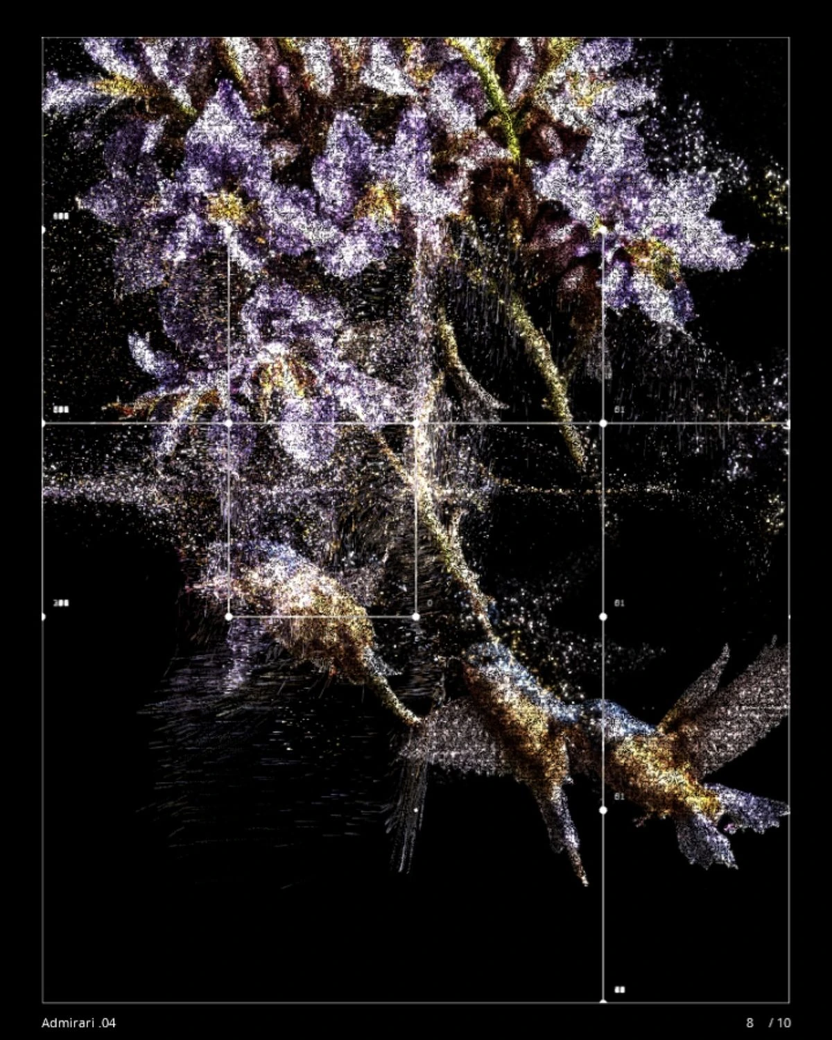 Purple-white and gold plant point cloud with frames and annotations