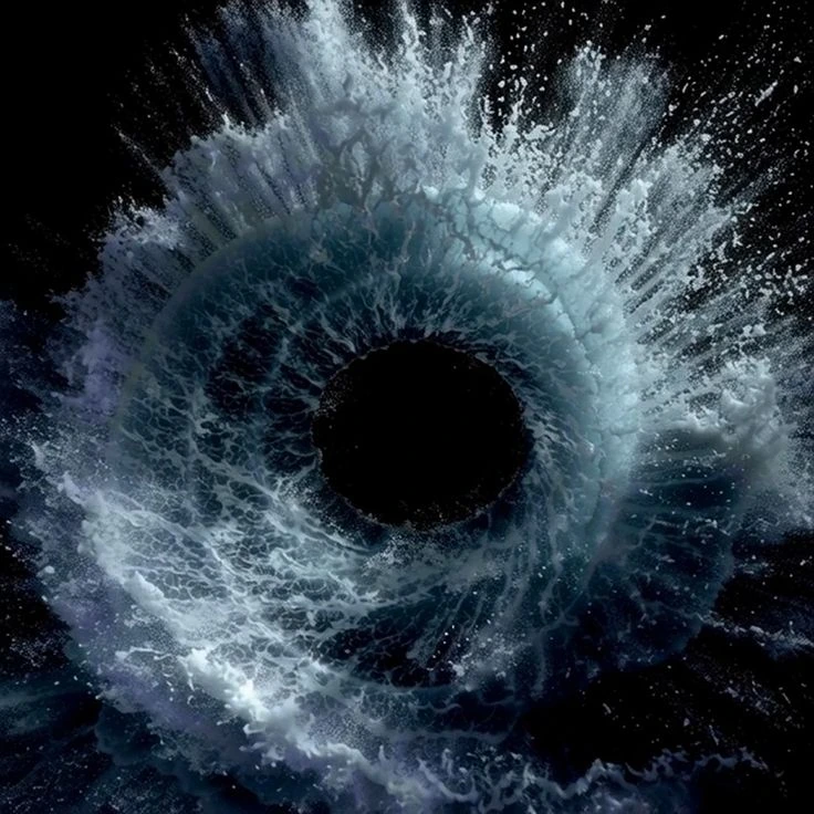 Icy blue ruptured ring with a net-like inner wall and dark cavity