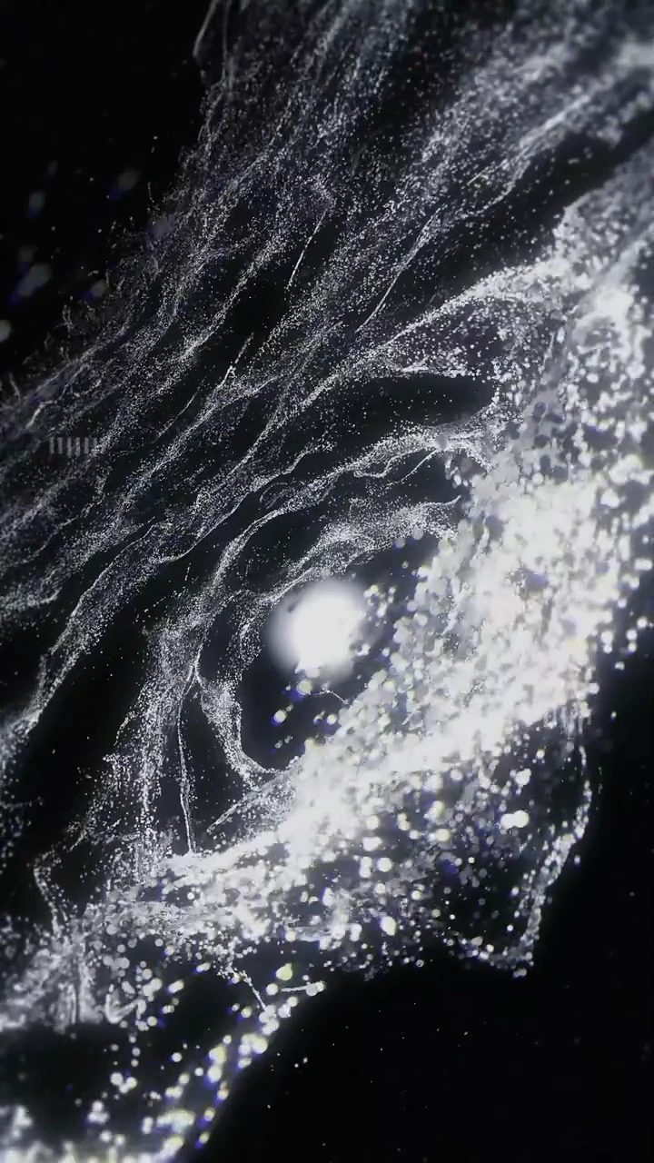 Monochrome particle tunnel still with fine filaments and larger foreground points