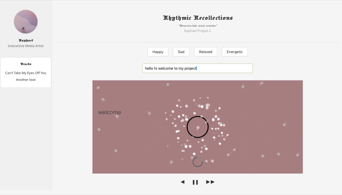 Rhythmic Recollections - typed memory words dissolving over a dusty rose music box interface