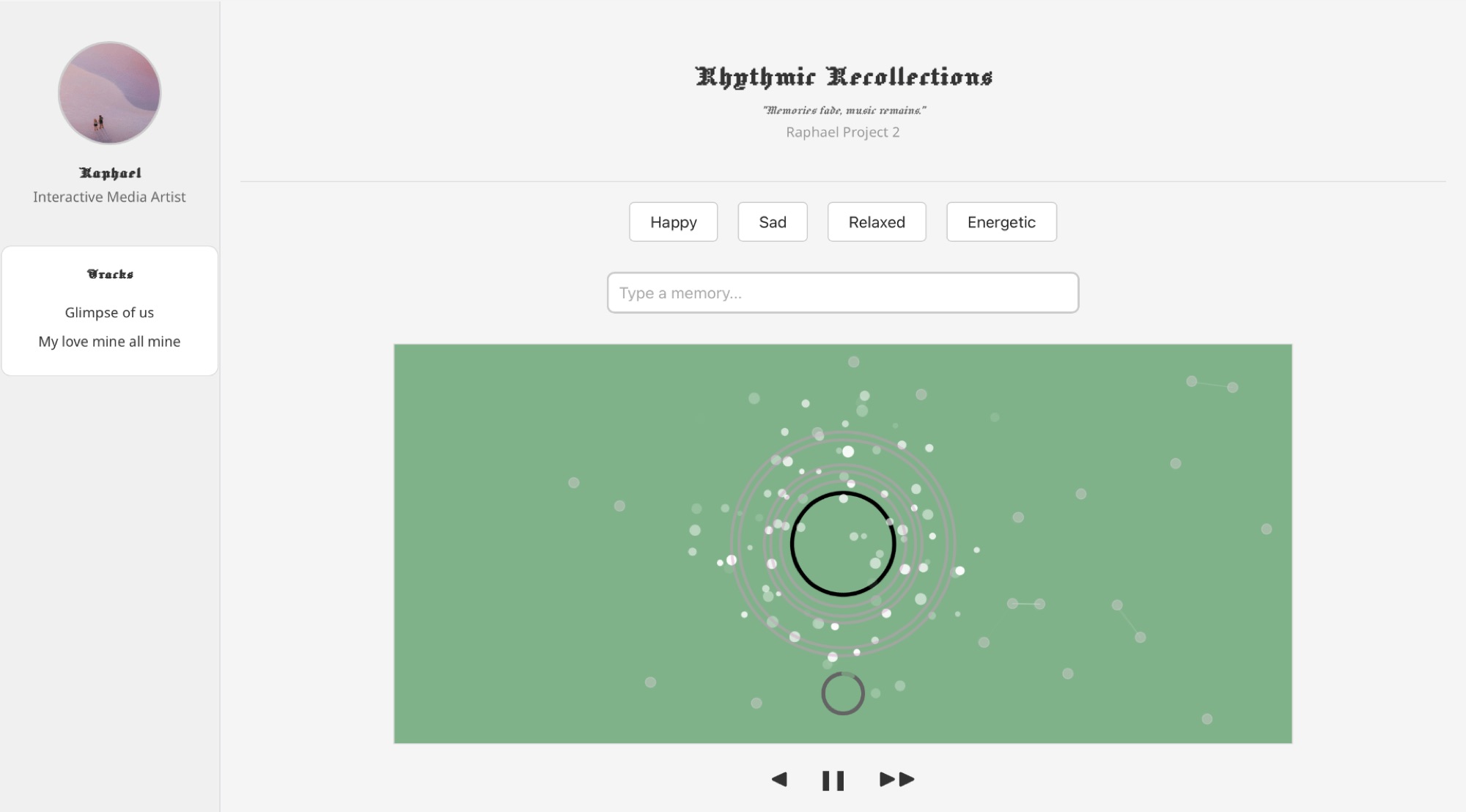 The interface in its Relaxed state - ripple rings spreading across a soft green canvas
