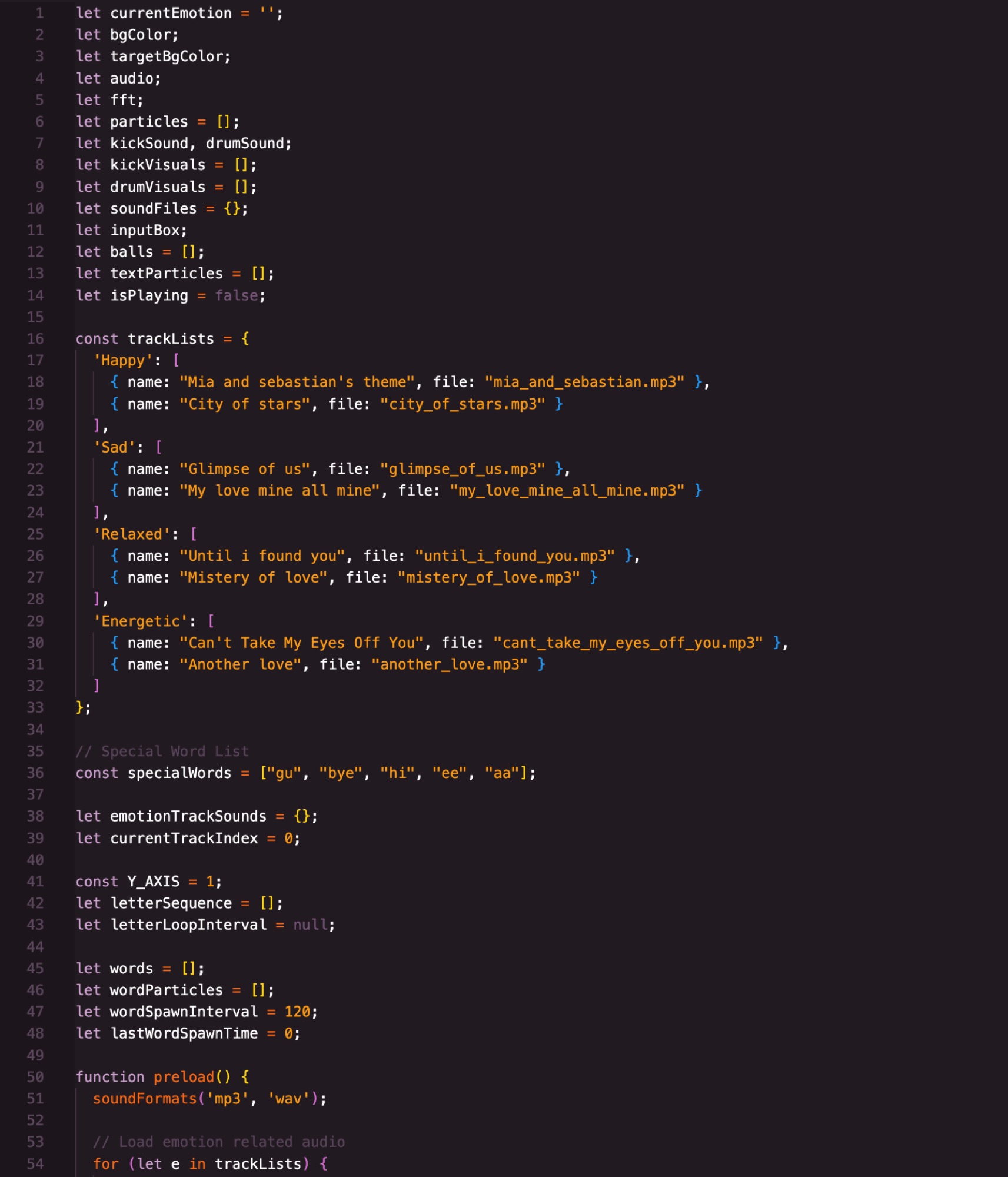 Source code showing the emotion-to-playlist mapping and the special word list