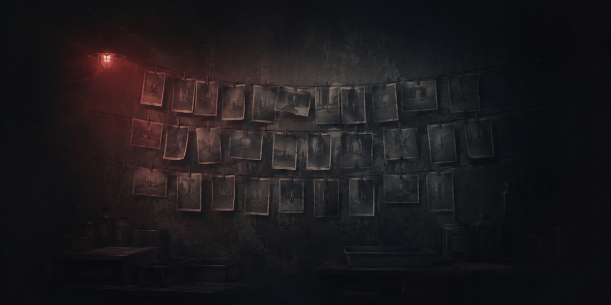 The Darkroom - a wall of prints drying under a single safelight, cold dark photographic interior