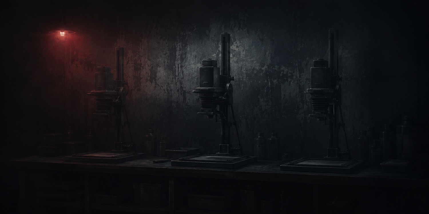 A row of enlargers along a darkroom bench, lit by a single safelight