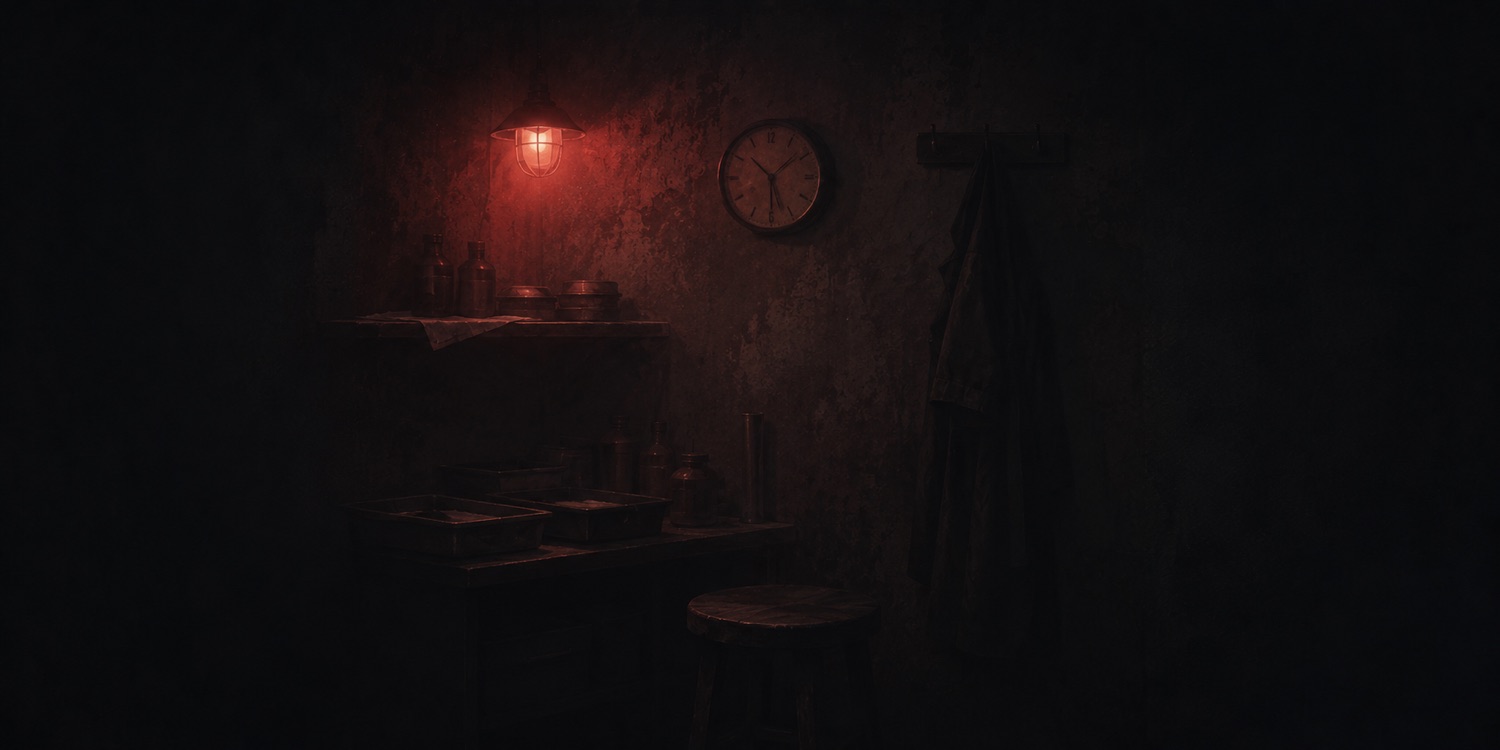A quiet darkroom corner lit only by a single red safelight