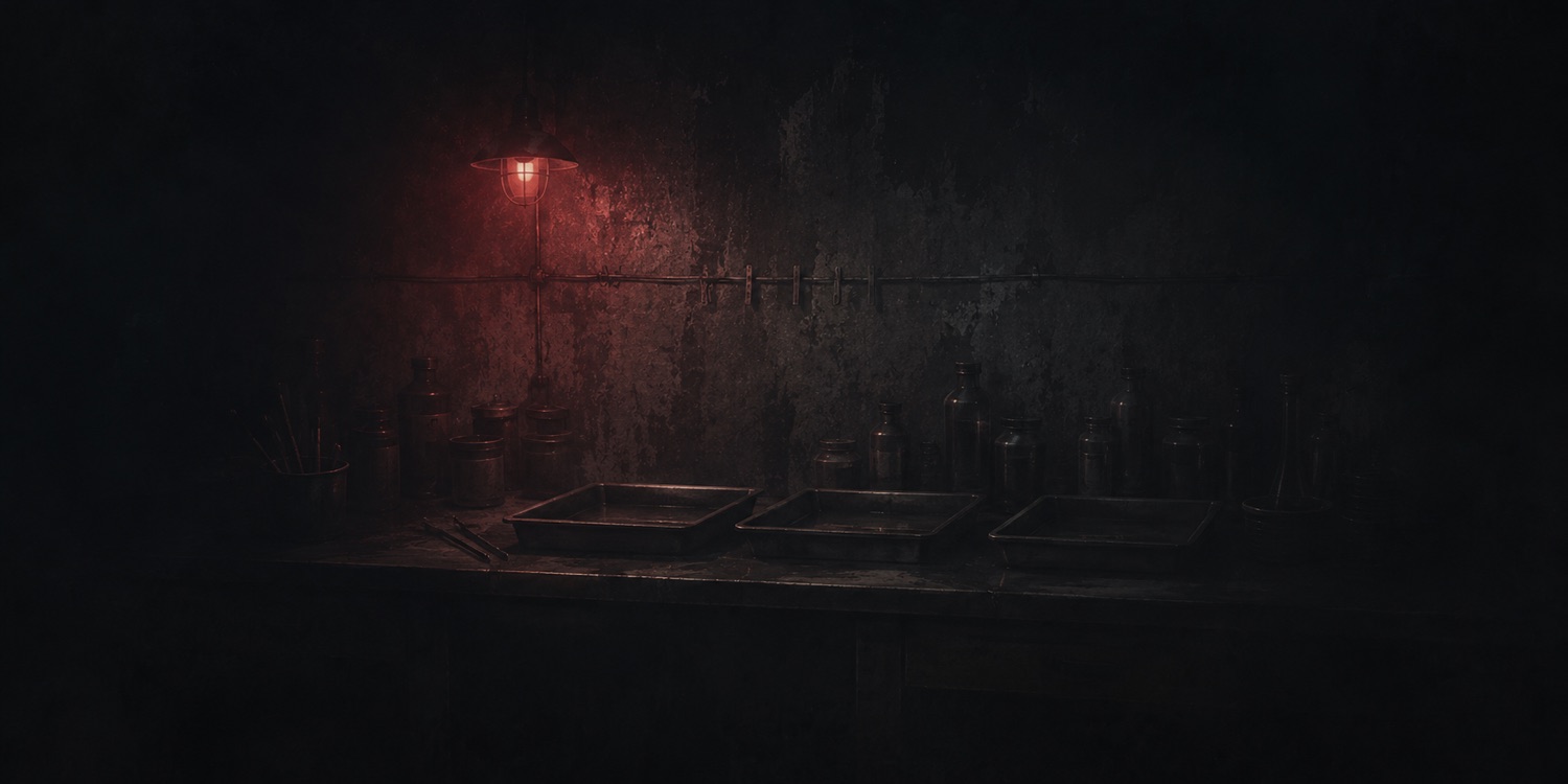 Developing trays on the wet bench under a red safelight