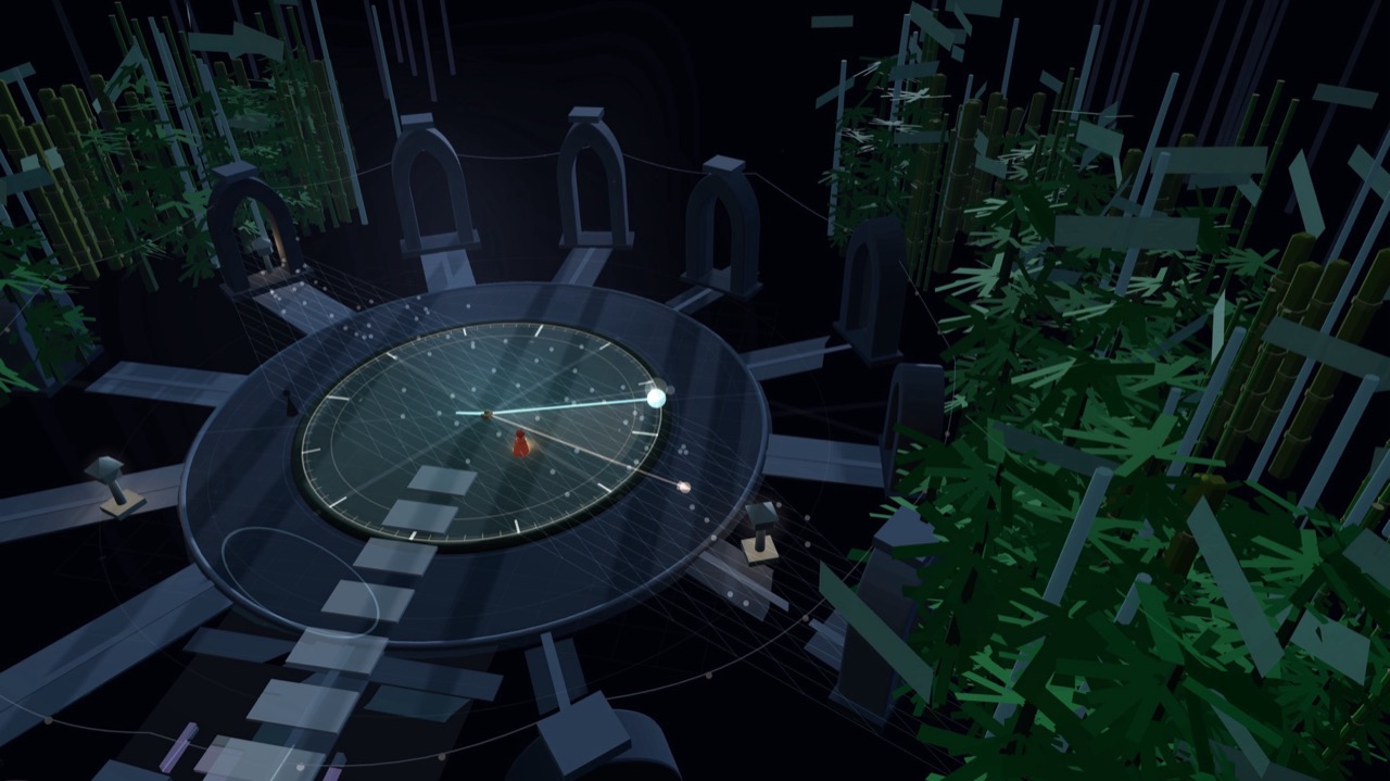 Threshold Garden - the moon-dial court at night: twelve gates around a clock-face plaza, a small red traveler at its center