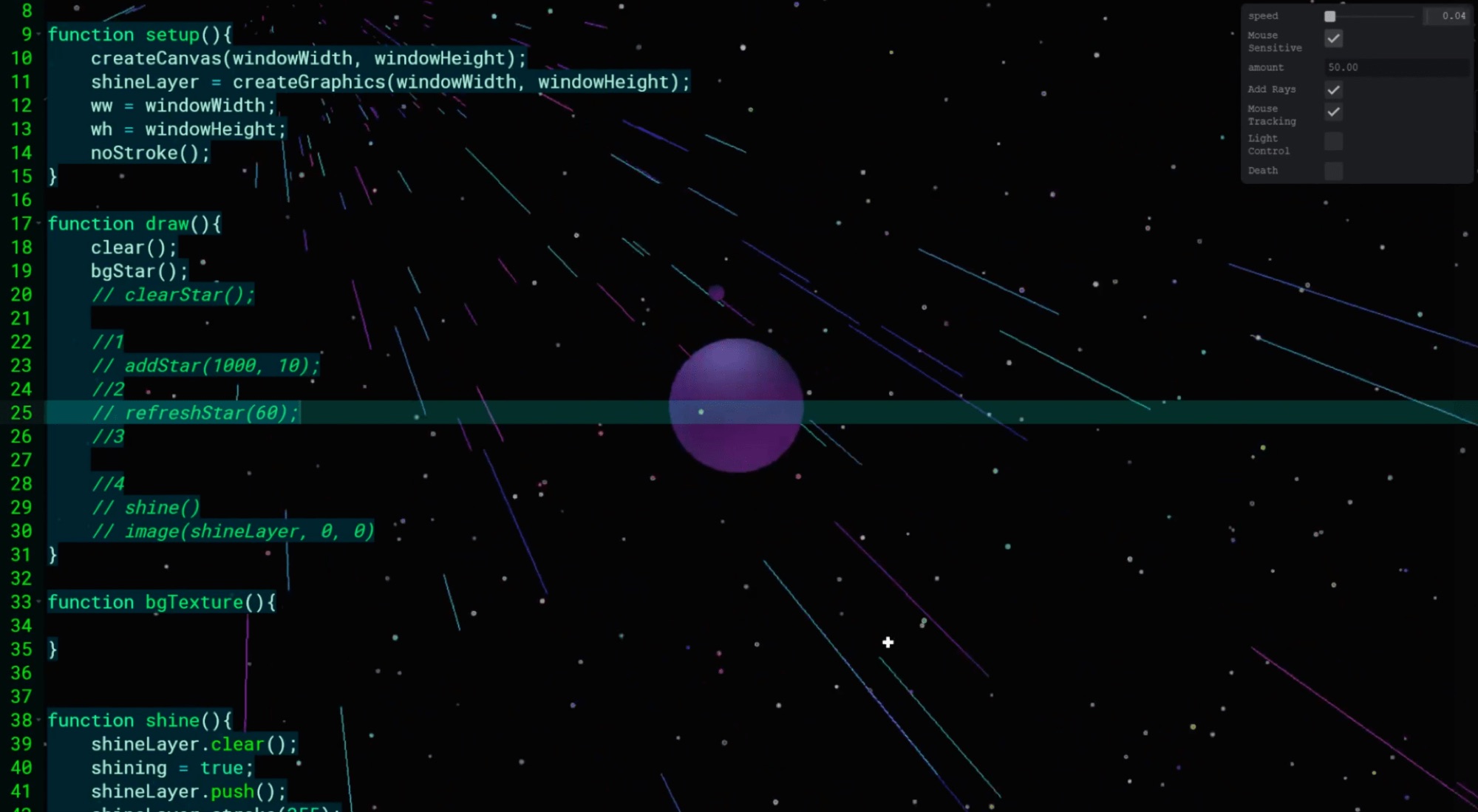 Live-coded starfield visual with a violet planet, p5live code overlaid on the left