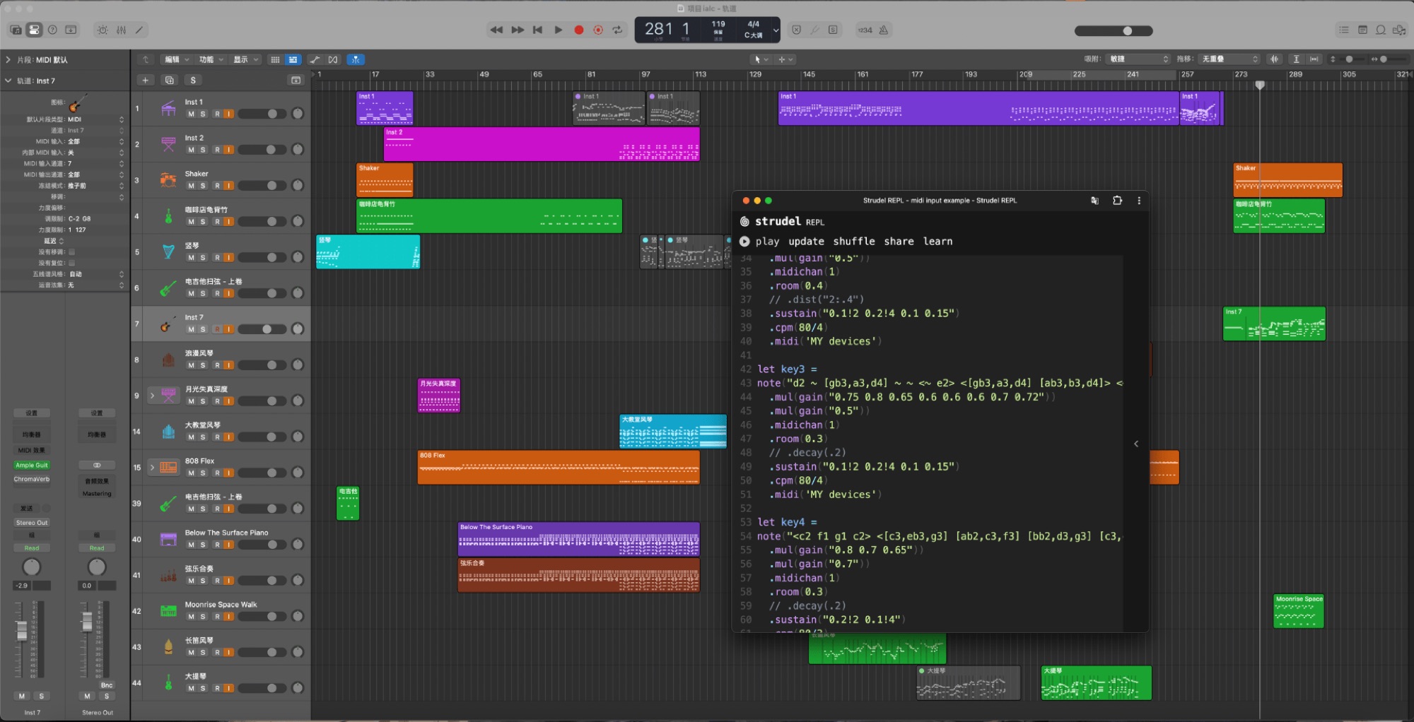 Logic Pro session with a floating Strudel REPL window routing MIDI patterns