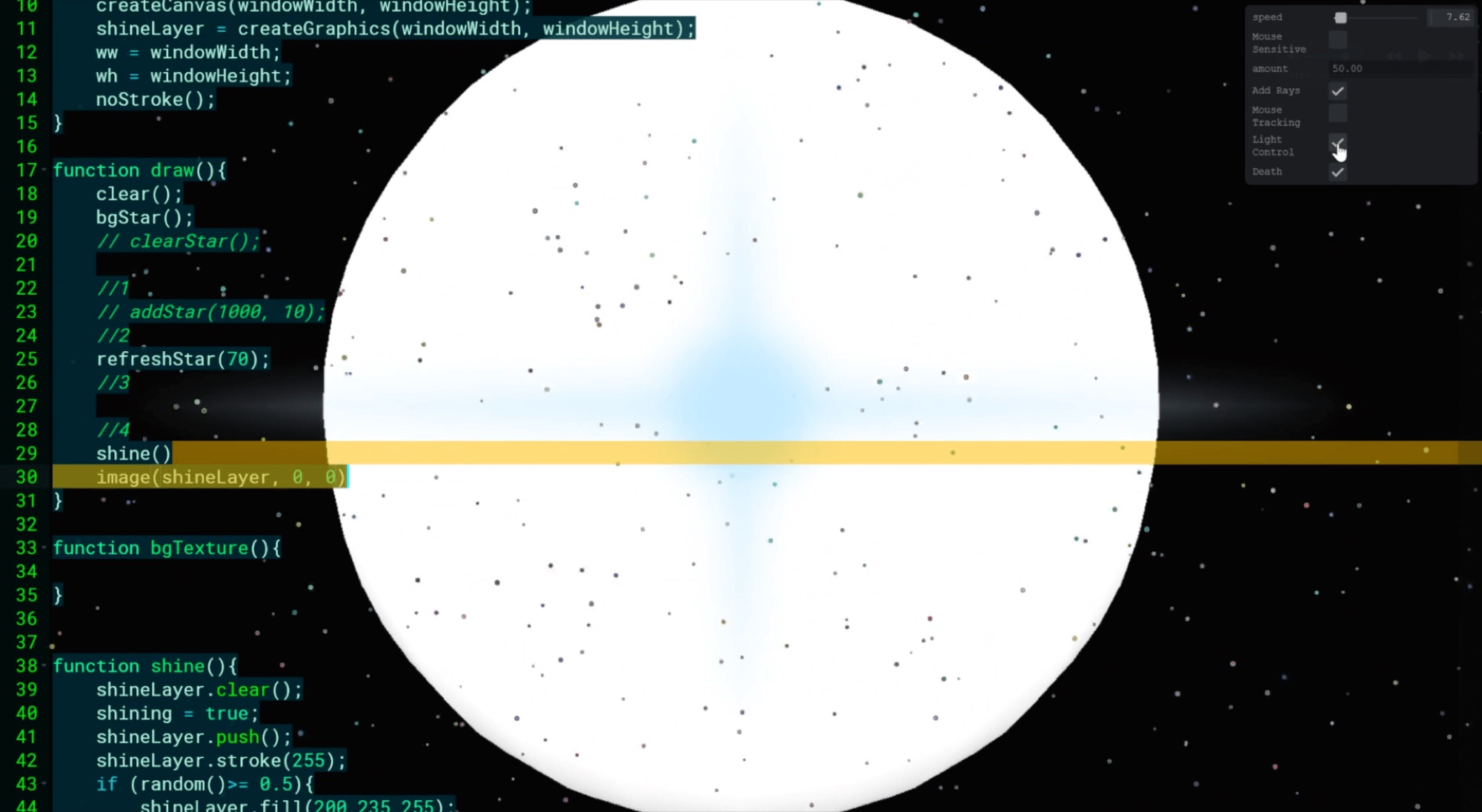 A white star flaring across a dark starfield, the shine layer at full brightness