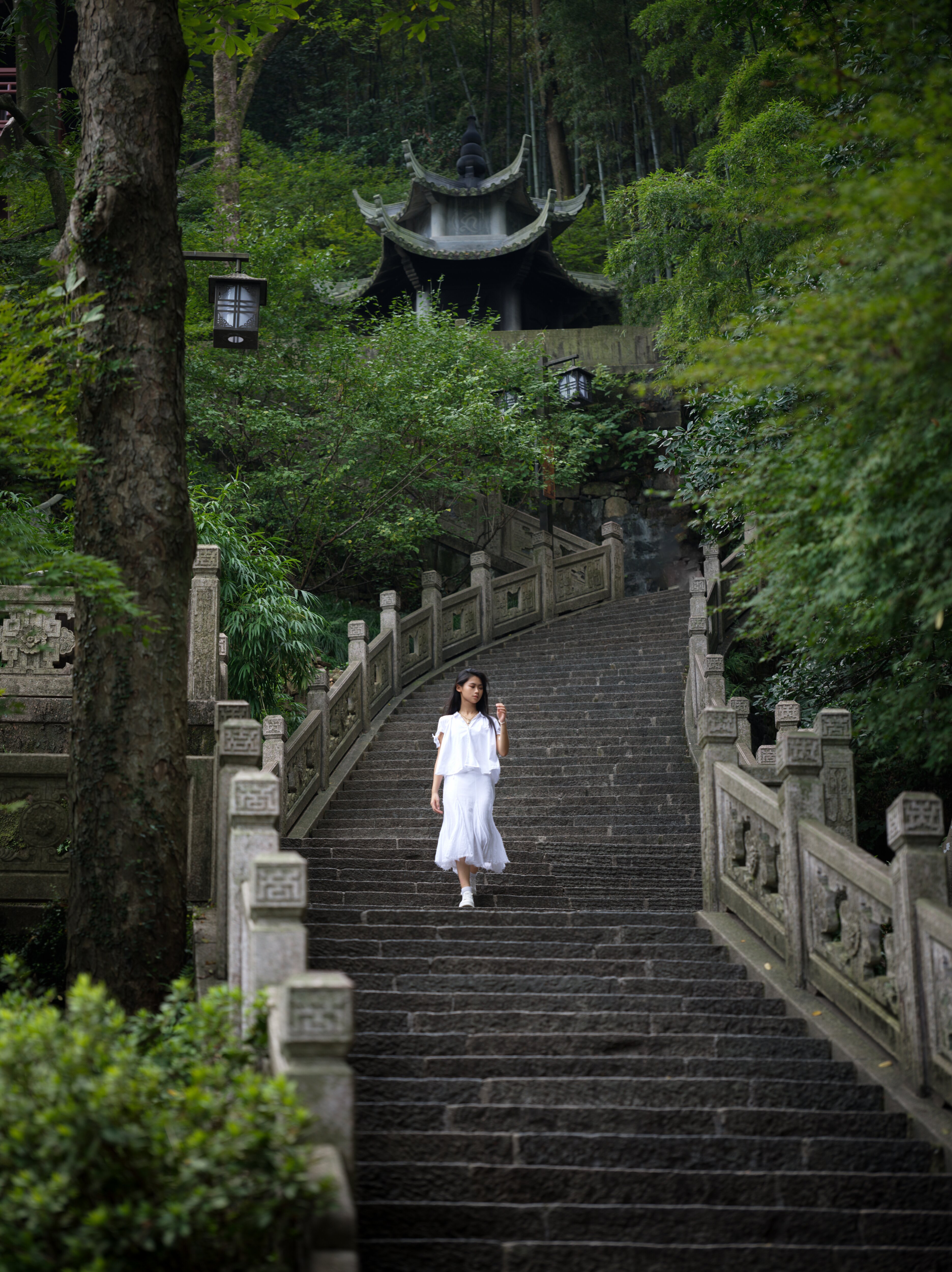 Descending the long stairs beneath the pavilion, Hangzhou, 2024