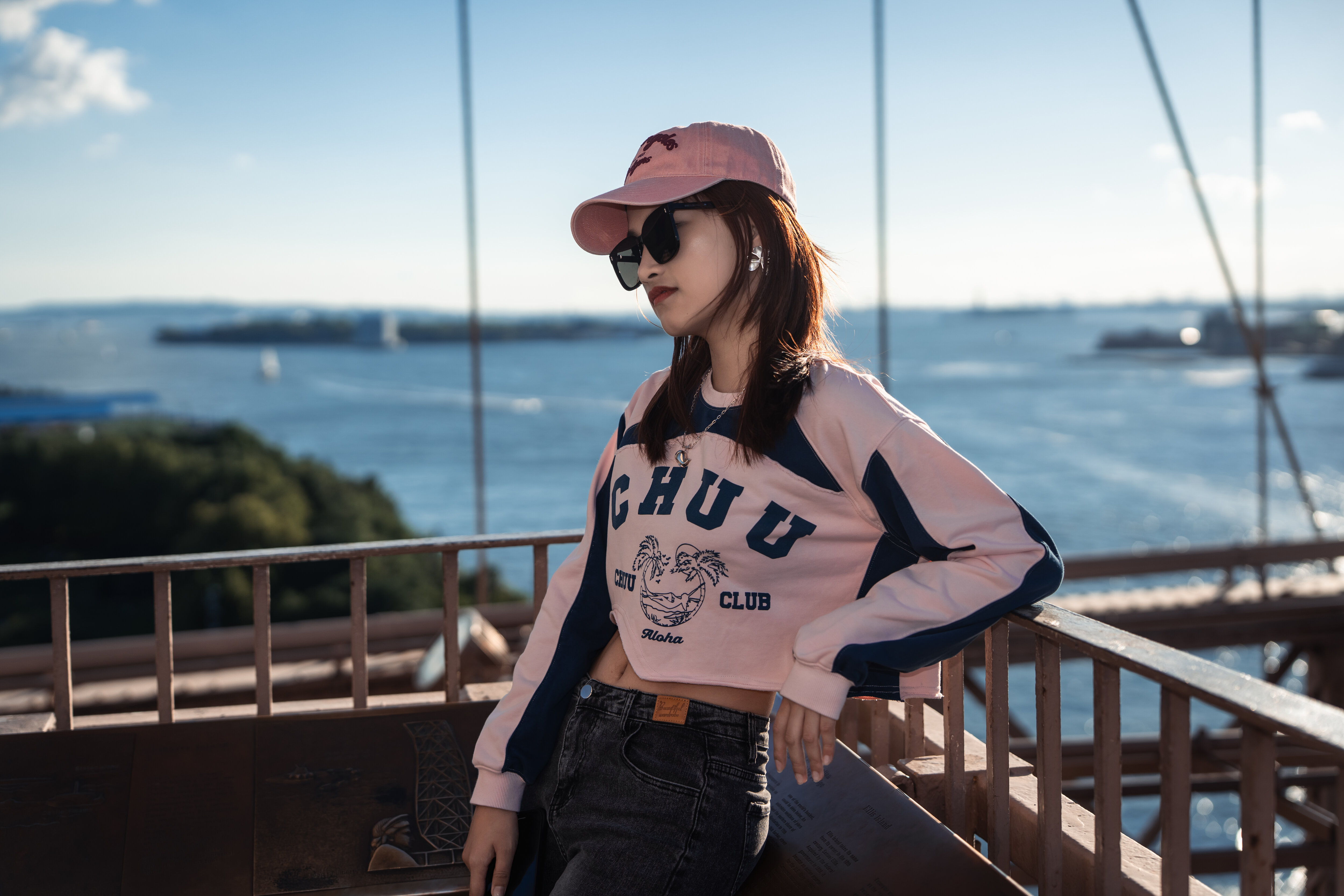 A pink cap on the bridge tower, harbor beyond, New York, 2025