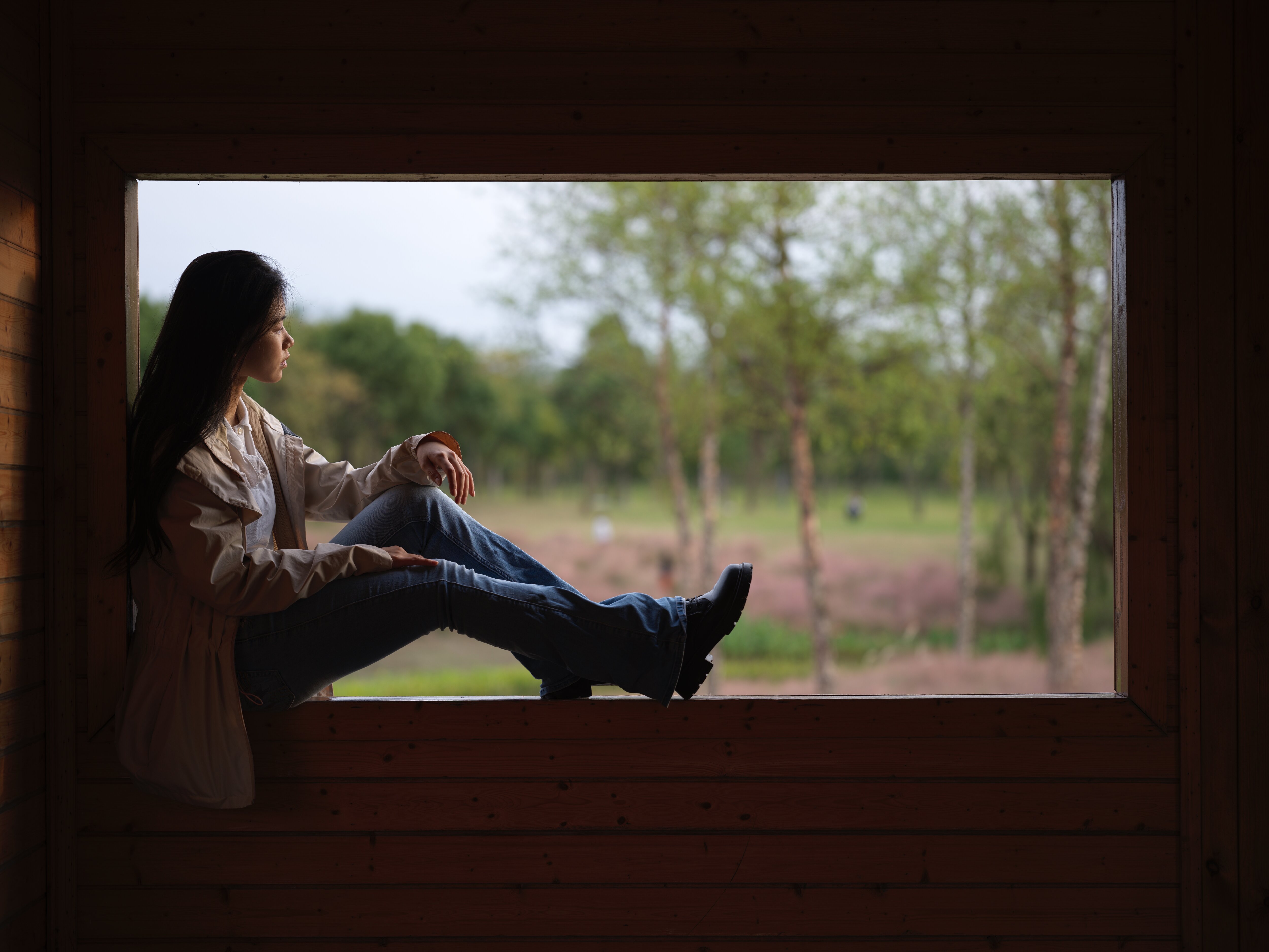 A cabin window onto the pink muhly meadow, Shanghai, 2024