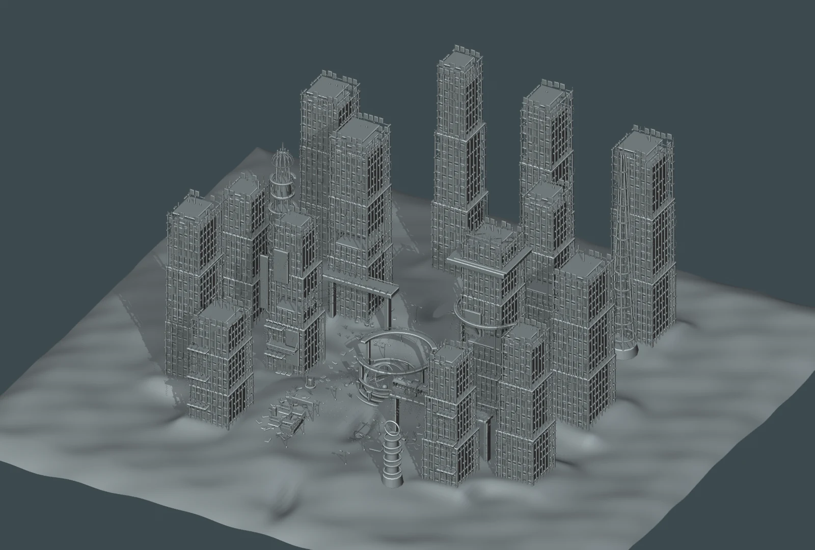 A new neutral render of the retained September city .blend. These are actual scripted meshes, before the later Tripo additions and final lighting.