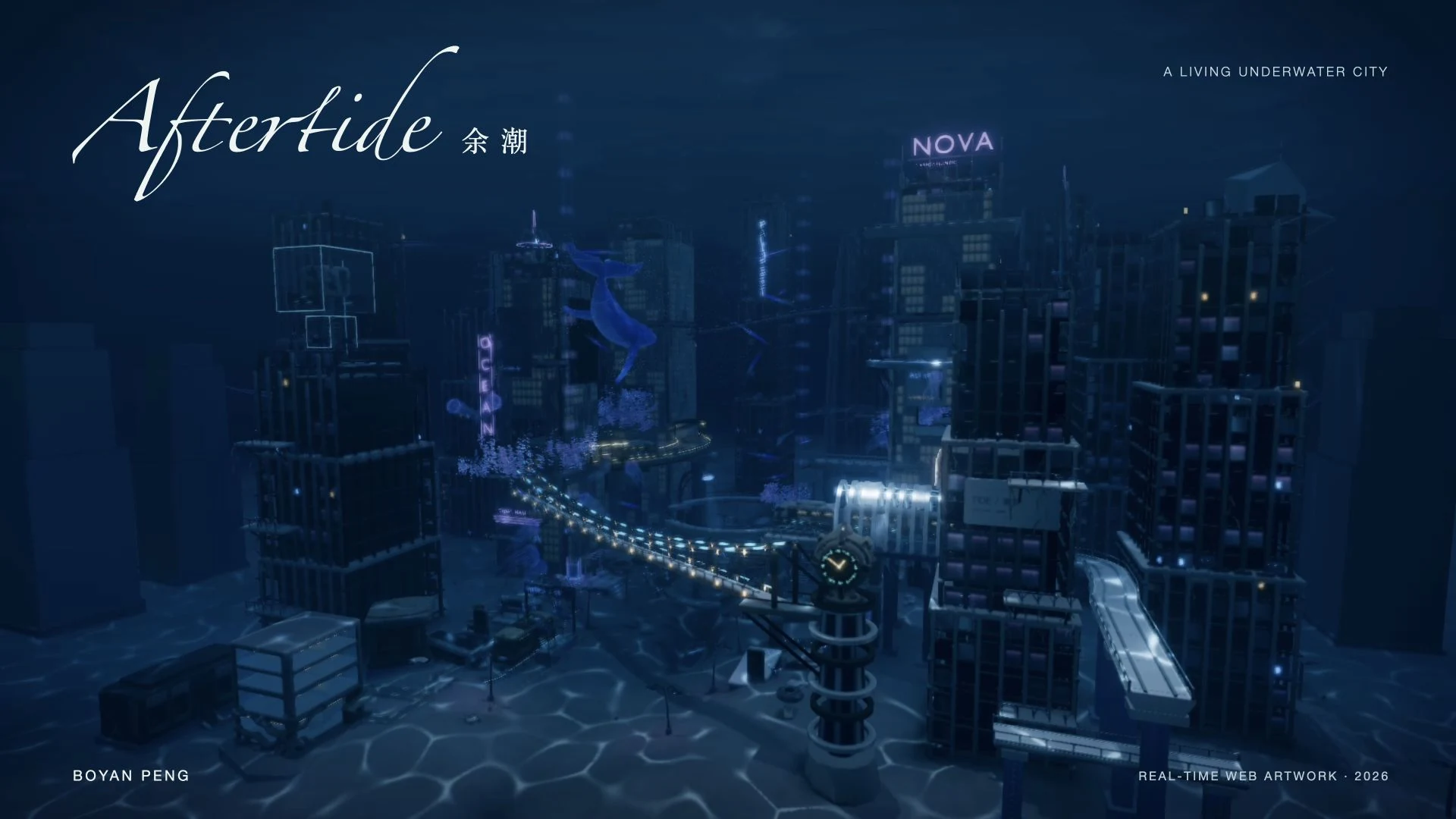 AFTERTIDE / 余潮 — final cover with calligraphic title above the underwater city