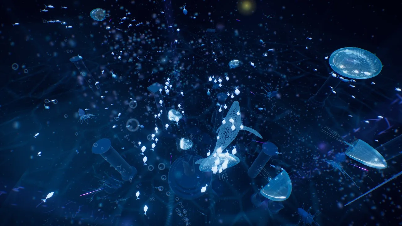 01 / The early ocean prototype: luminous life, scattered ruins and open water.