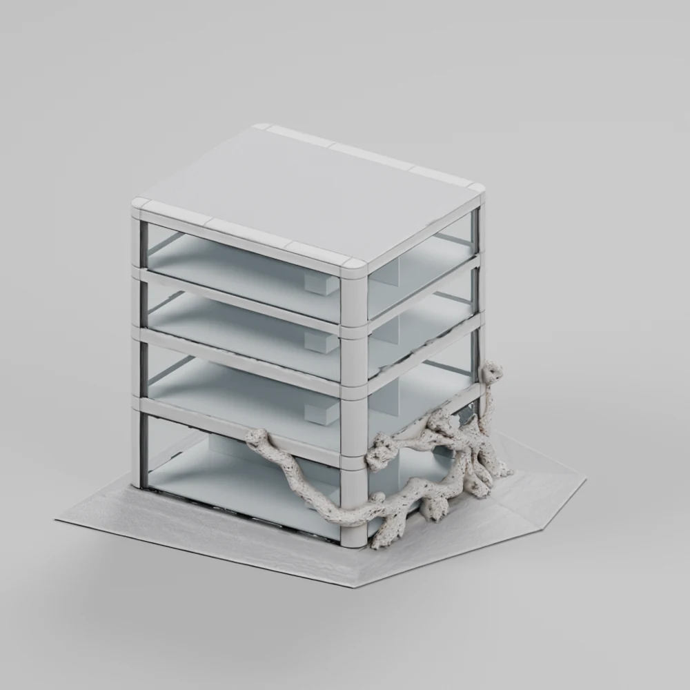 Actual rebuilt GLB: retained roots, open window bands, transparent glazing and four levels of interior depth.