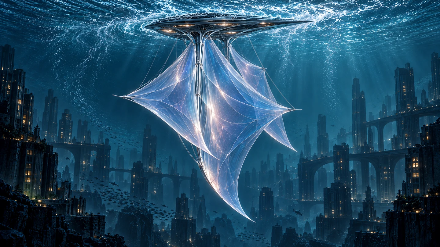 Image-generation concept / compact hull and overlapping submerged sails. This is a design reference, not a frame from the running artwork.