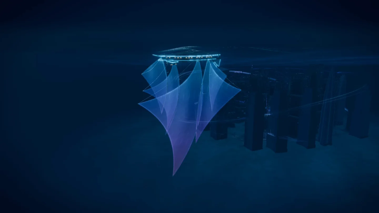 10 / Looking back through the inverted sailship toward the city.