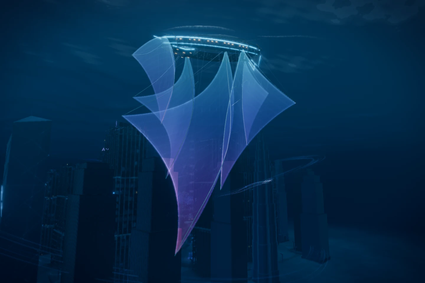 Assembled vessel in the live scene / the Tripo hull and scripted sails share one structure, with real-time light and motion added in Three.js.