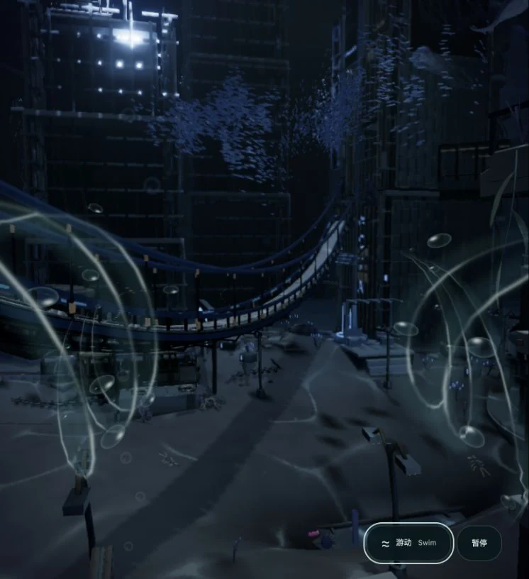A stroke leaves ribbons and bubbles in world space. Earlier interface study.