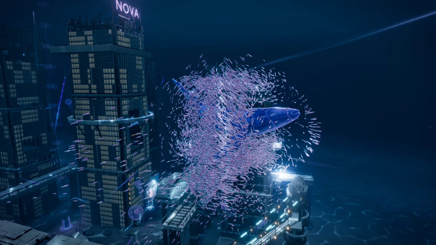 08 / The whale and school meet in the central waterway, with the city giving their scale.