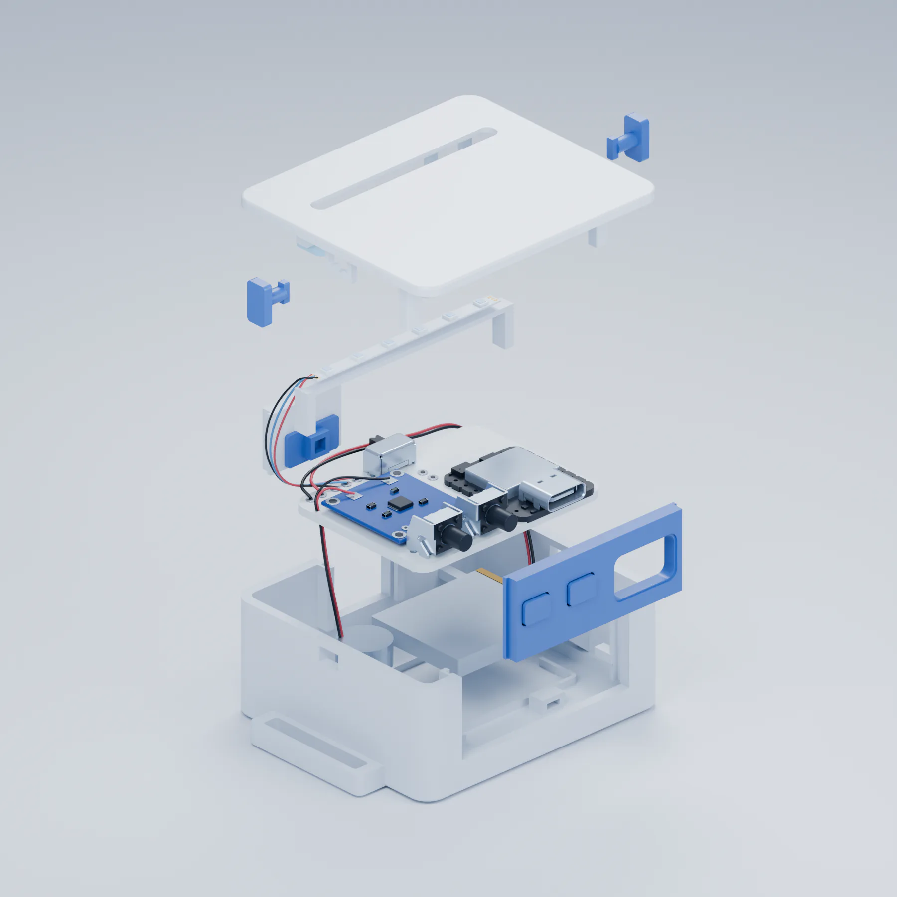 Exploded enclosure study showing reconstructed electronic modules and separated shell parts