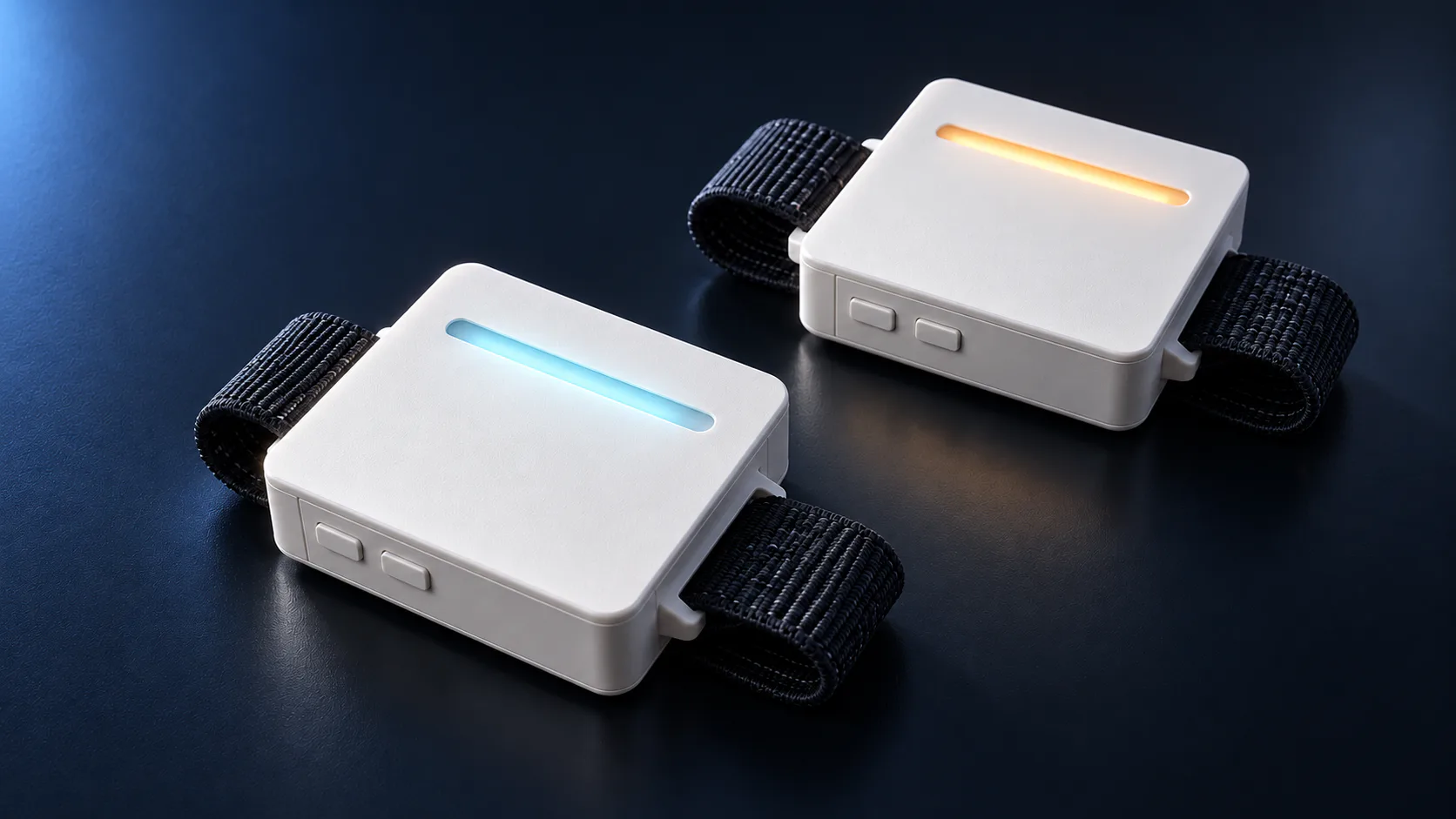 Product visualization of two warm-white square Fermata bands with dark woven straps and narrow illuminated slots on a cool graphite surface