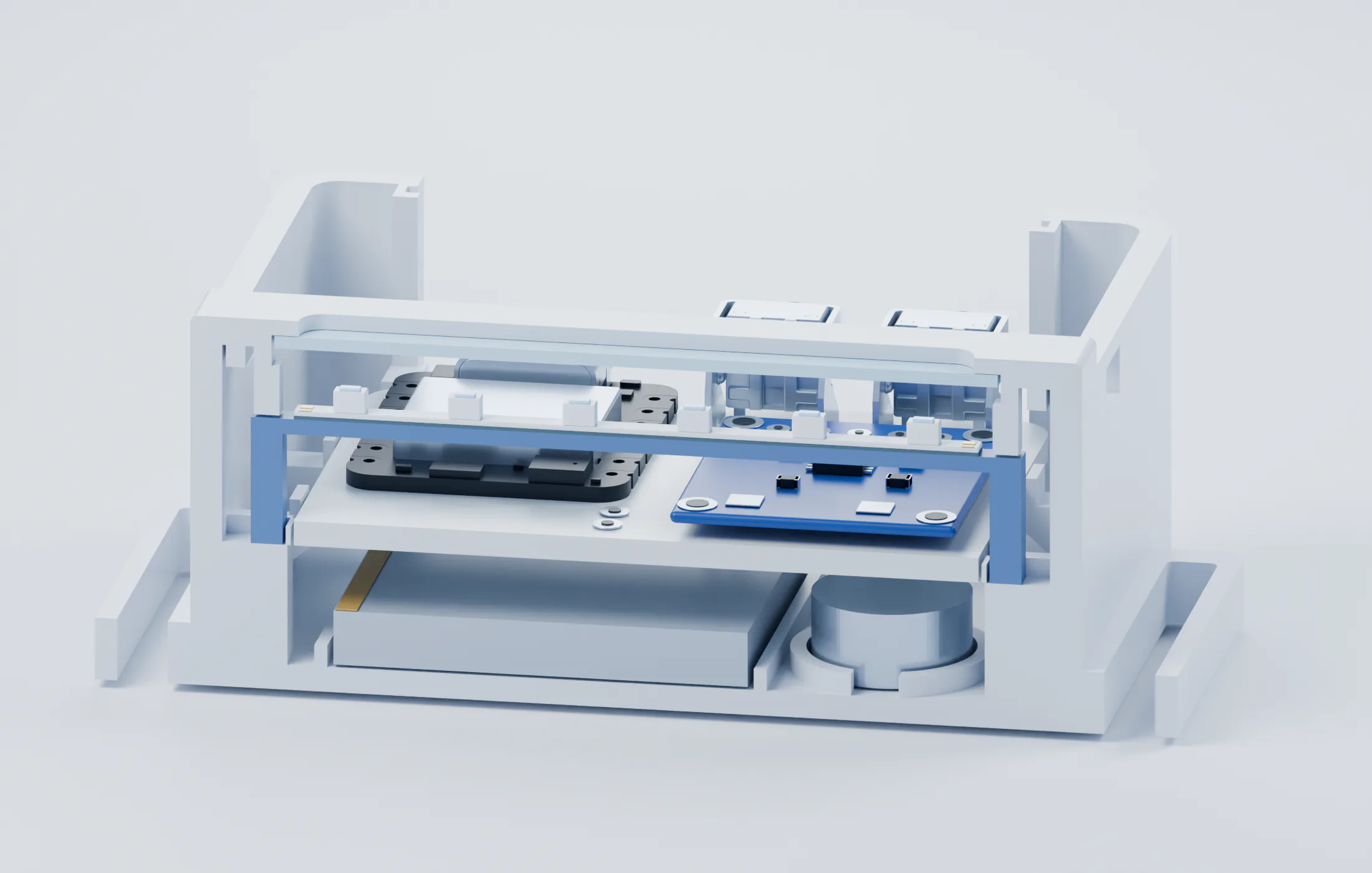 Local cutaway showing the shell window, diffuser, LED strip, supporting bridge and shell ledges
