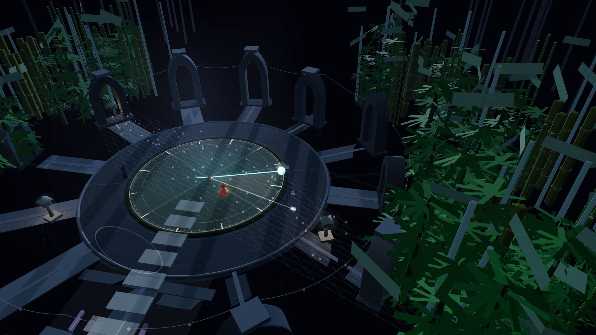 UI-free render of the Resonance Axis chapter, the complete moon-dial court at night