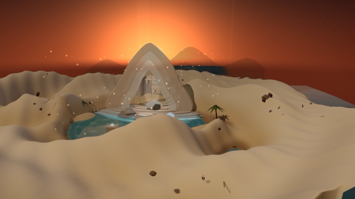 Lit render of the chapter-one oasis and arch