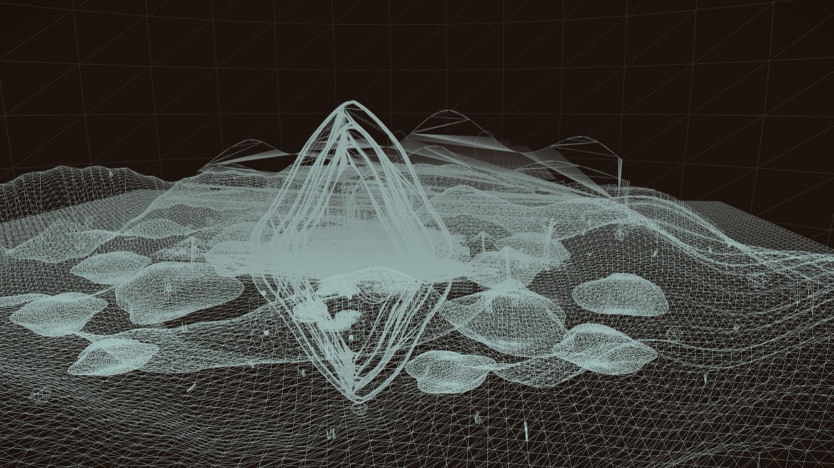 Wireframe render of the chapter-one oasis and arch