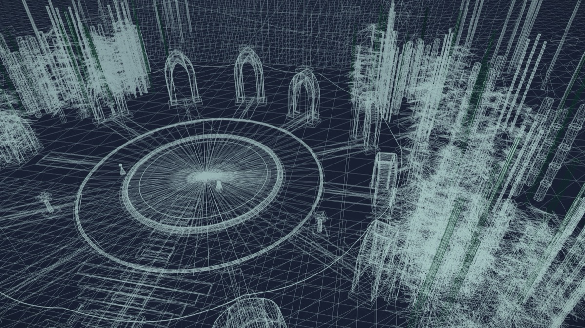Wireframe render of the moon-dial court